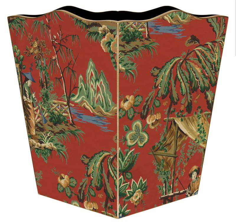 Red Chinoiserie Wastebasket